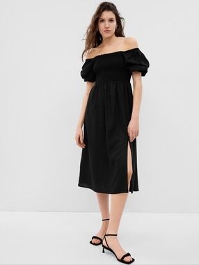 GAP Linen-Blend Puff Sleeve Midi Dress Black Size XL NWT